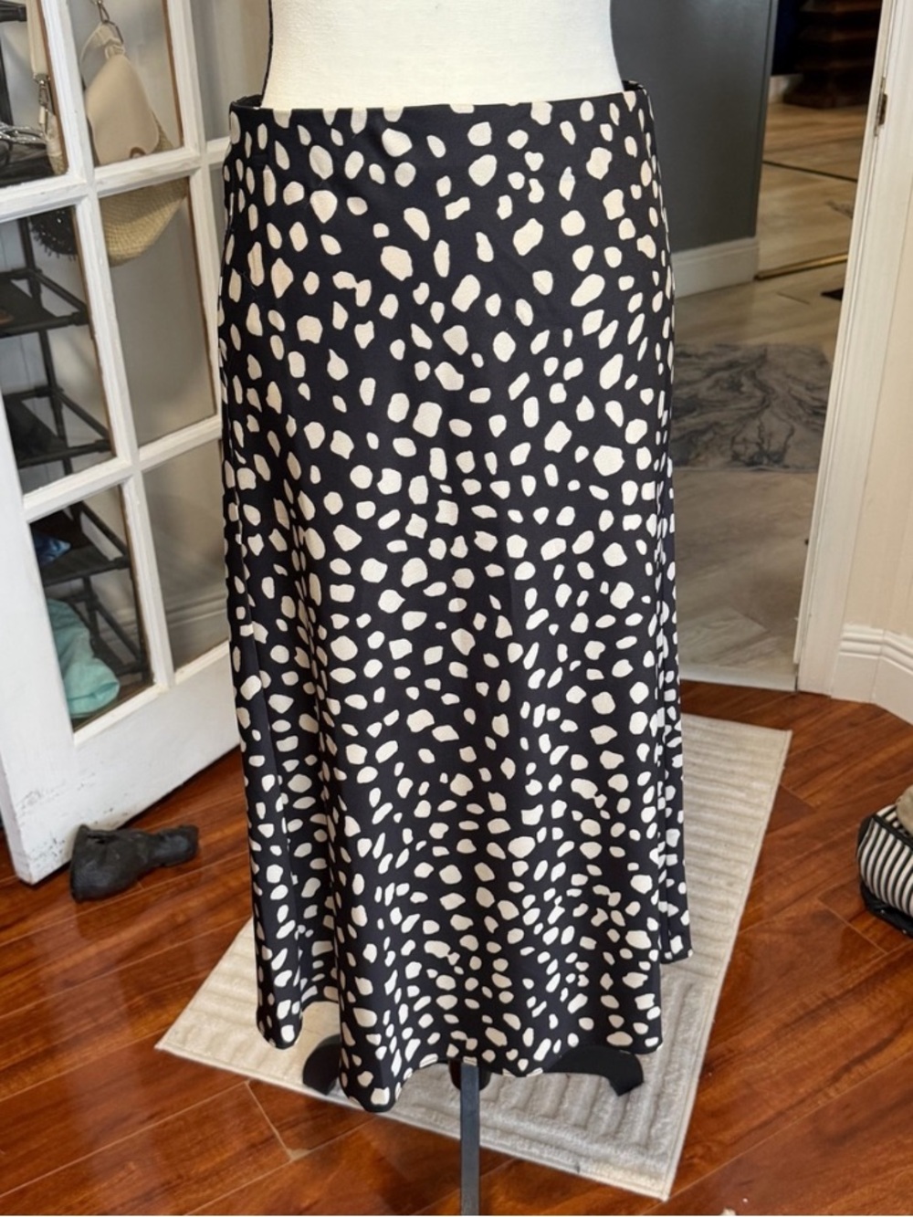 LOFT Black Midi Skirt with Cream Spot Print